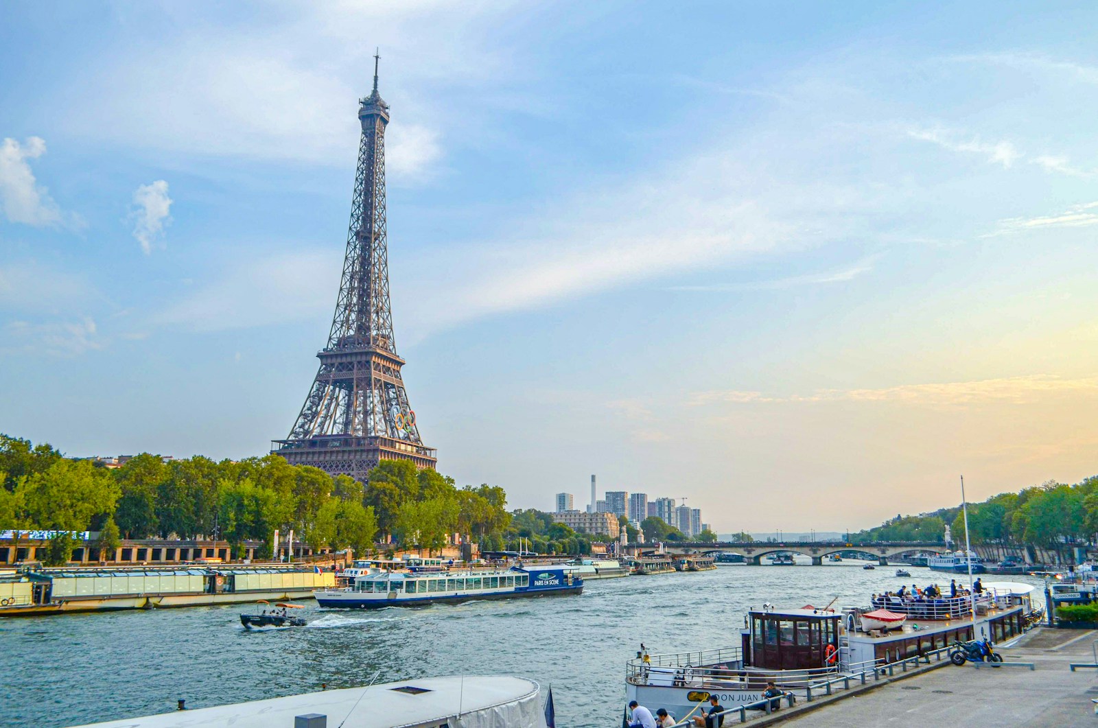 Eiffel Tower and boats on the Seine in Paris